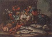 unknow artist Still life of a basket of flowers,fruit,lobster,fish and a cat,all upon a stone ledge oil